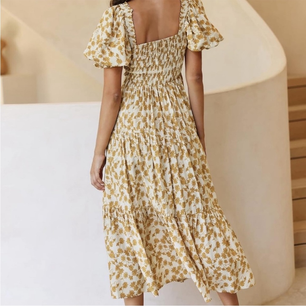 Smocked Square-Neck Midi Dress in Cream & Mustard Floral - Picture 3 of 5
